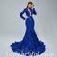 Elegant Royal Blue Special Fabric Long Sleeve V-Neck Mermaid Long Prom Dresses,SFPD0342
