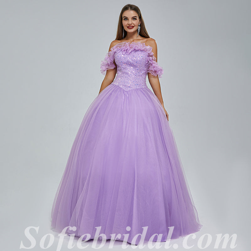 Purple Sequin Tulle Sweetheart Off Shoulder A-Line Long Prom Dresses,SFPD0344