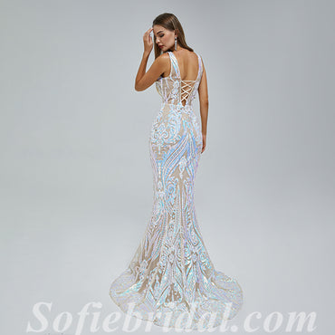 Elegant Special Fabric Spaghetti Straps V-Neck Sleeveless Mermaid Long Prom Dresses,SFPD0343