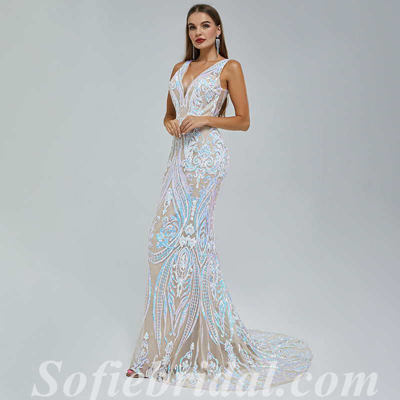 Elegant Special Fabric Spaghetti Straps V-Neck Sleeveless Mermaid Long Prom Dresses,SFPD0343