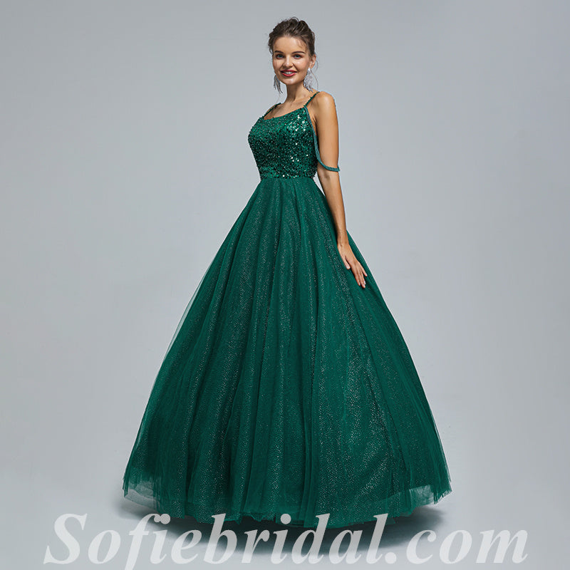 Elegant Sequin Top Tulle Bottom Lace Up Back A-Line Long Prom Dresses,SFPD0346