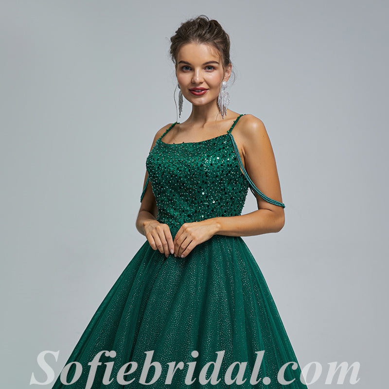 Elegant Sequin Top Tulle Bottom Lace Up Back A-Line Long Prom Dresses,SFPD0346