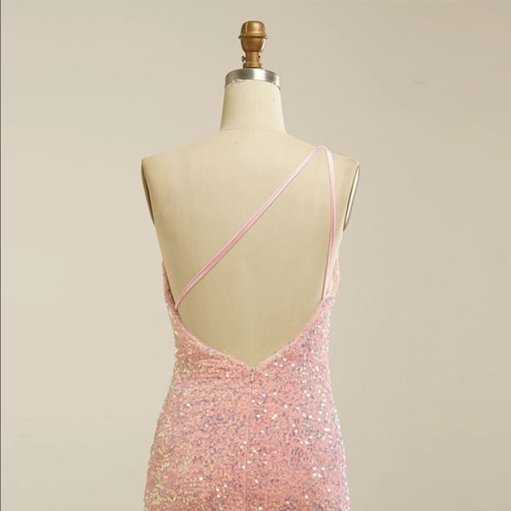 Charming Pink Sequin One Shoulder Backless Short Homecoming Dresses, HD0186