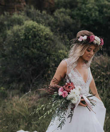 V-neck Lace Chiffon Chic Open Back With Lace Belt Affordable Wedding Dresses, WD0231