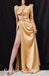 Sexy Satin One Shoulder Long Sleeve Side Slit Mermaid Long Prom Dresses,SFPD0553