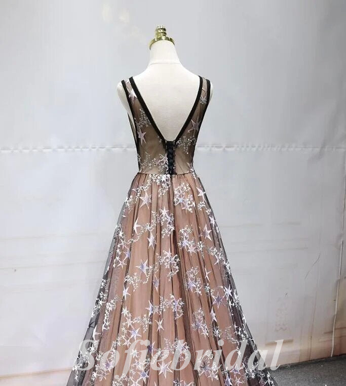 Elegant Star Tulle Spaghetti Straps V-Neck Sleeveless Lace Up A-Line Long Prom Dresses,SFPD0696