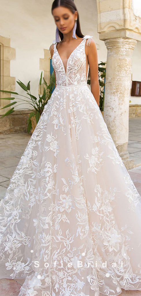 A-Line V-Neck Sleeveless Lace Long Wedding Dresses,SFWD0001