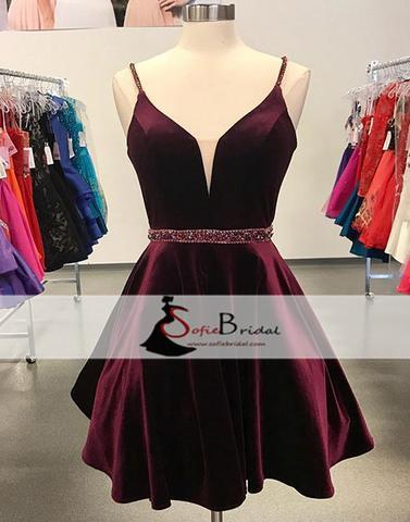 Spaghetti Burgundy Velvet Homecoming Dresses, Beaded Homecoming Dress, Short Prom Dresses, SF0091