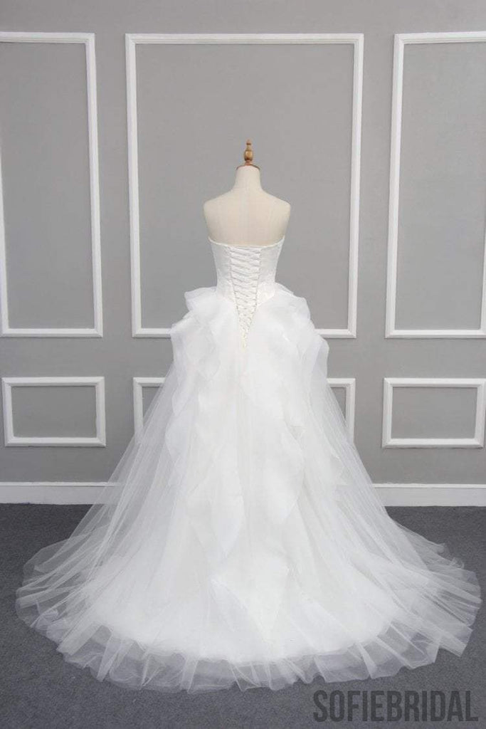 Straight Neckline Off White Lace Top A-line Tulle Gorgeous Lace Up Wedding Dresses, WD0232