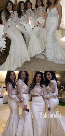 Sexy Mermaid Halter Long Sleeve White Cheap Bridesmaid Dresses,SFWG00356