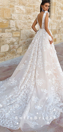 A-Line V-Neck Sleeveless Lace Long Wedding Dresses,SFWD0001