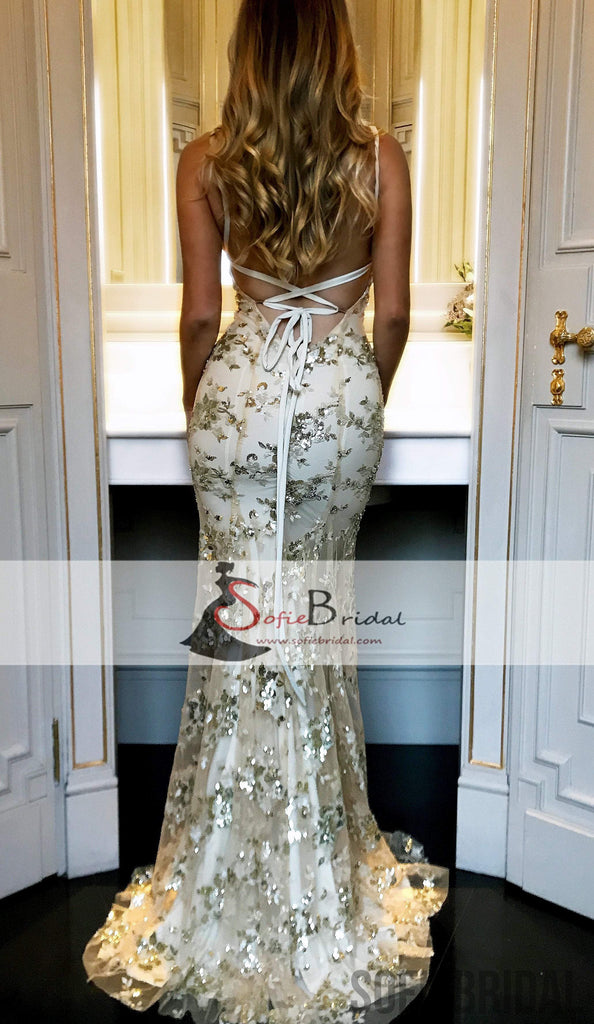 Gold Sequin Cross Back Sexy Mermaid Long Prom Dresses, New Arrival Evening Dresses, PD0376