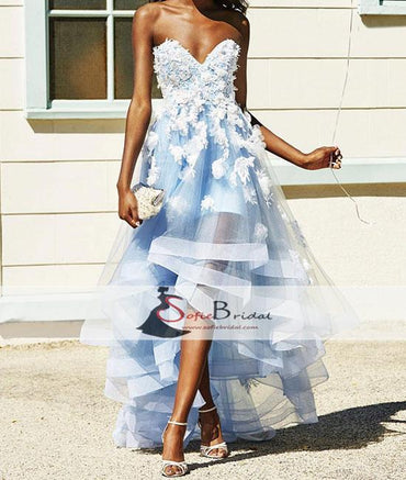 Sweetheart Light Blue Tulle Handmade Flower Hi-low Prom Dresses, Popular Prom Dresses, PD0454