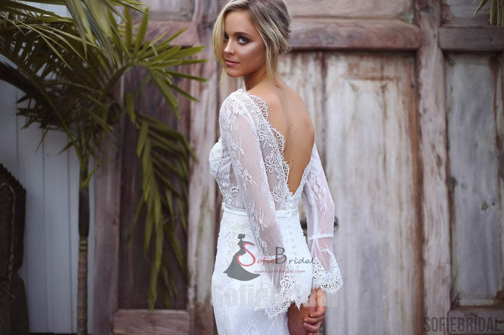 Long Sleeve See Through Lace Mermaid V-back Wedding Dresses, Romantic Bridal Gown, WD0248