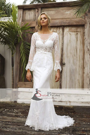 Long Sleeve See Through Lace Mermaid V-back Wedding Dresses, Romantic Bridal Gown, WD0248