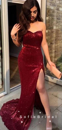 Sexy Mermaid Sweetheart Dark Red Cheap Long Prom Dresses With Split Side,SFPD0010