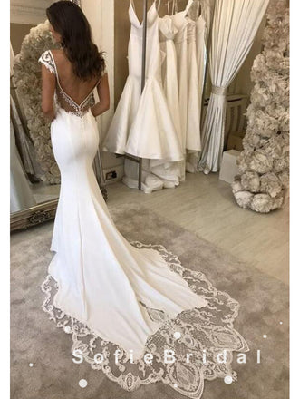 Mermaid Deep V-Neck Straps Cheap Long Wedding Dresses With Lace,SFWD0010