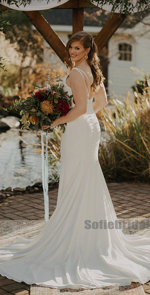 Charming V-neck Mermaid Sleeveless Long Wedding Dresses,SFWD0049