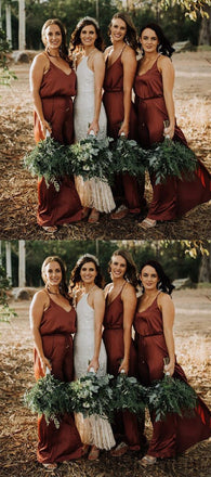 Simple V-Neck Brown Satin Long Simple Bridesmaid Dresses, BD1015