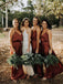 Simple V-Neck Brown Satin Long Simple Bridesmaid Dresses, BD1015
