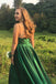 V-neck Long A-line Emerald Green Satin Prom Dresses, PD0921