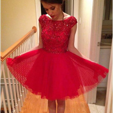 Scoop Red Tulle Sparkle Beaded Homecoming Prom Dresses, SF0034