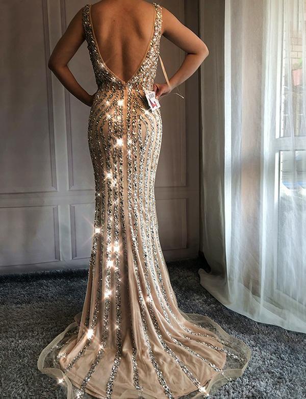 V-neck Long Mermaid Rhinestone Beaded Luxury Prom Dresses, PD0955 ...