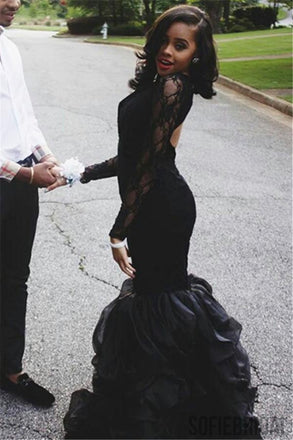 Long Sleeves Sexy Black Mermaid Lace Prom Dresses, PD0843
