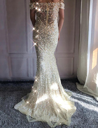 Off Shoulder Long Mermaid Sequin Tulle Prom Dresses, PD0956