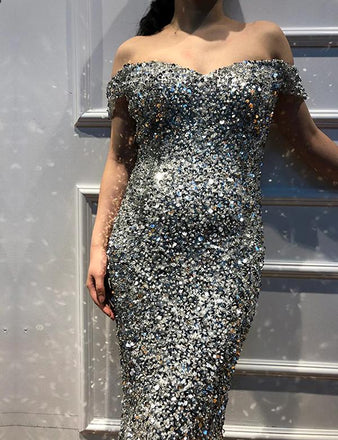 Off Shoulder Rhinestone Beaded Long Mermaid Silver Prom Dresses, PD0962