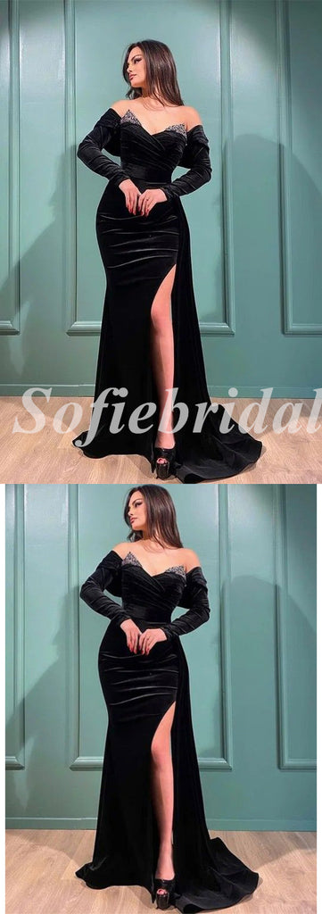 Sexy Velvet And Sequin Off Shoulder V-Neck Long Sleeve Side Slit Mermaid Long Prom Dresses,PD0774