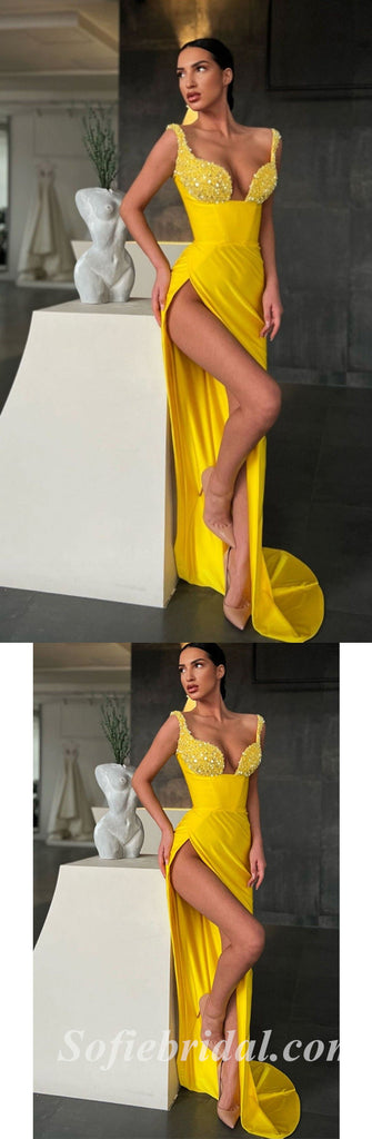 Sexy Yellow Sequin Satin Spaghetti Straps V-Neck Sleeveless Side Slit Mermaid Long Prom Dresses,SFPD0423