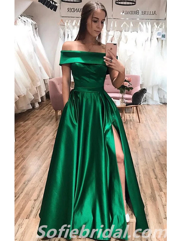 Sexy Satin Sweetheart Off Shoulder Sleeveless Side Slit A-Line Long Prom Dresses,SFPD0318