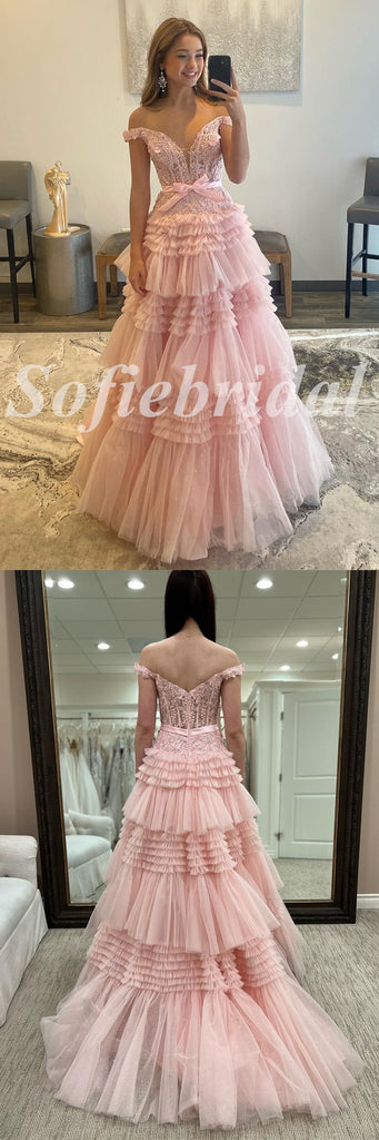 Elegant Tulle And Lace Off Shoulder sleeveless A-Line Long Prom Dresses, PD0823