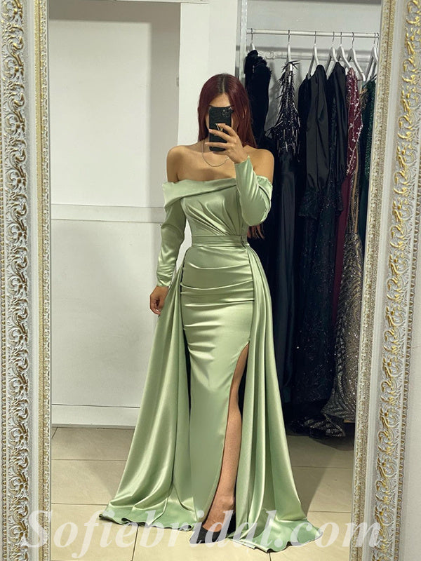 Sexy Satin Off Shoulder Long Sleeve Side Slit Mermaid Prom Dresses/Eve SofieBridal Sexy Satin Off Shoulder Long Sleeve Side Slit Mermaid Prom Dresses/Eve SofieBridal