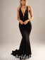 Sexy Black Lace Deep V-Neck Sleeveless Criss Cross Mermaid Long Prom Dresses,SFPD0590