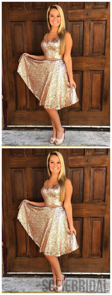 Sparkly Simple V Neck Cheap Two Piece Sequin Homecoming Dresses 2018, CM495