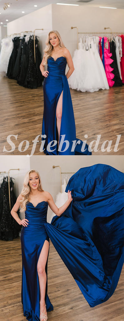 Sexy Royal Blue Satin Sweetheart Sleeveless Side Slit Mermaid Long Prom Dresses With trailing,SFPD0690