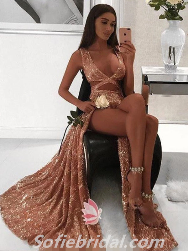 Sexy Sequin Spaghetti Straps Sleeveless A-Line Long Prom Dresses With Split,SFPD0291