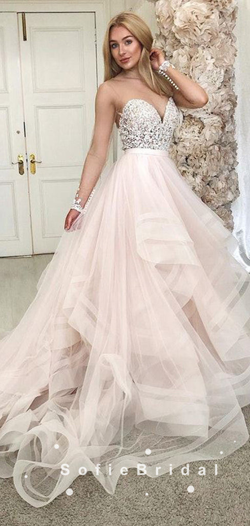 A-Line Sweetheart Tulle Long Wedding Dresses With Beading,SFWD0011