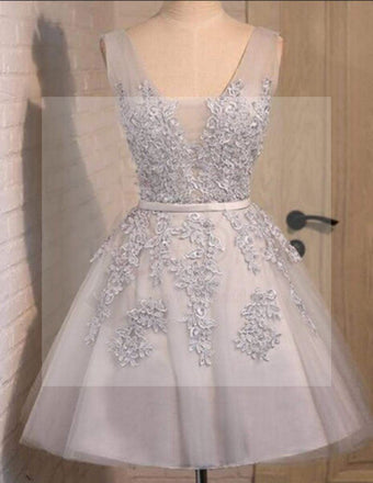 Off shoulder Grey lace Cute Tulle homecoming prom dresses, CM0023