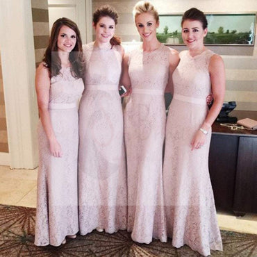 Women Modest Flesh Pink Small Round Neck Lace Mermaid Sexy Long Bridesmaid Dresses, WG112