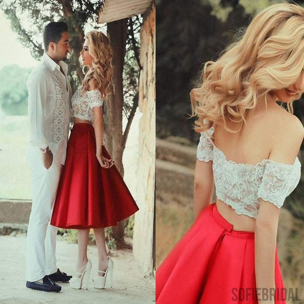 Short sleeve off shoulder two pieces lace red tea-length casual homecoming prom gown dress,BD00115