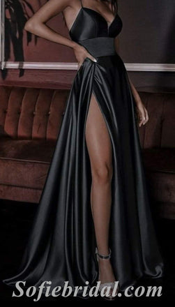 Sexy Black Satin Spaghetti Straps V-Neck Side Slit A-Line Long Prom Dresses,SFPD0478