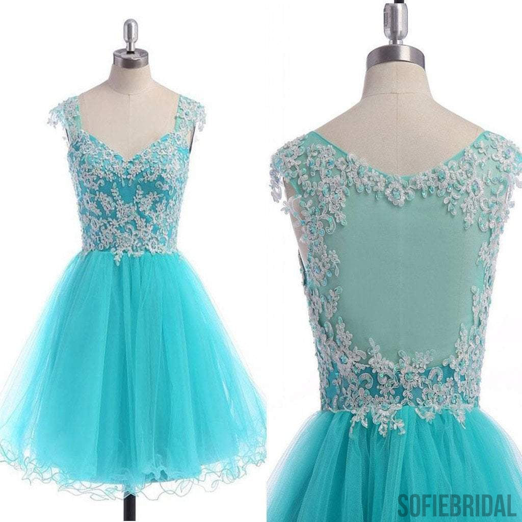 New Arrival blue see through tulle cap sleeve cute casual cocktail freshman homecoming prom gowns dress,BD00118
