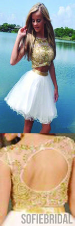 Sexy two pieces A-line scoop Tulle Beaded Backless formal homecoming prom gown dress,BD00119