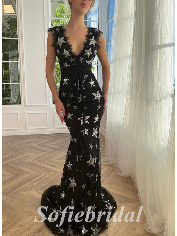 Elegant Star Tulle Spaghetti Straps V-Neck Sleeveless Mermaid Long Prom Dresses,SFPD0652