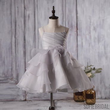 Cute Light Grey Organza Bustled Flower Little Girl Dresses, Cheap Flower Girl Dresses, FG057
