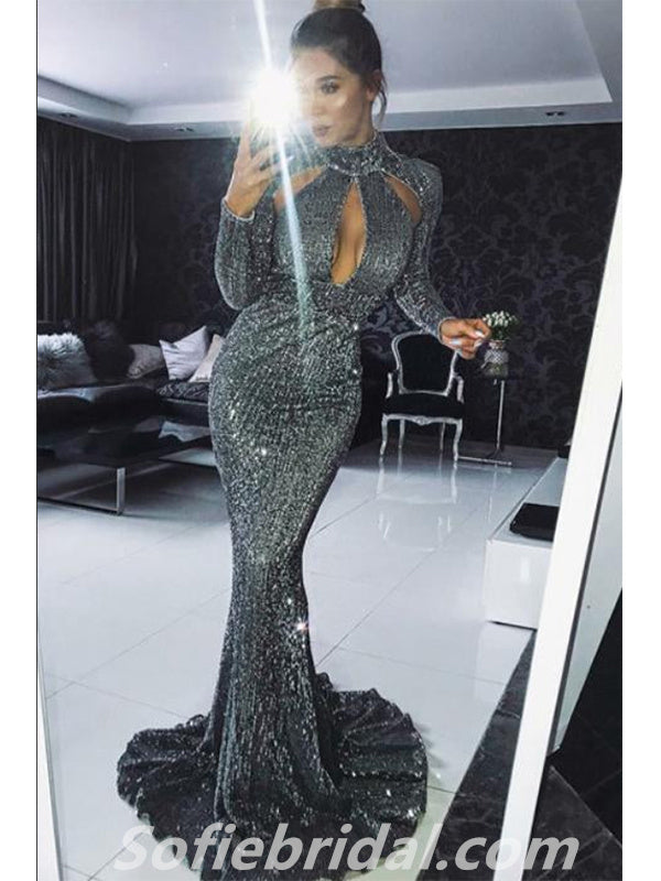 Sexy Sequin Long Sleeve High Neck Mermaid Long Prom Dresses,SFPD0292