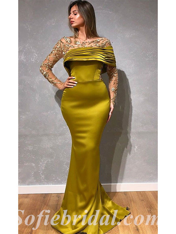Elegant Satin Tulle Off Shoulder Long Sleeve Mermaid Long Prom Dresses,SFPD0405 Elegant Satin Tulle Off Shoulder Long Sleeve Mermaid Long Prom Dresses,SFPD0405